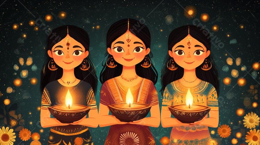 Meninas indianas sorridentes com lâmpadas diya azuis e douradas celebrando Diwali à noite