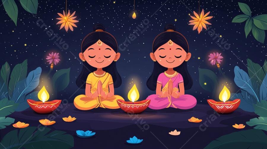 Meninas indianas meditando com diyas sob céu estrelado vestindo amarelo e rosa
