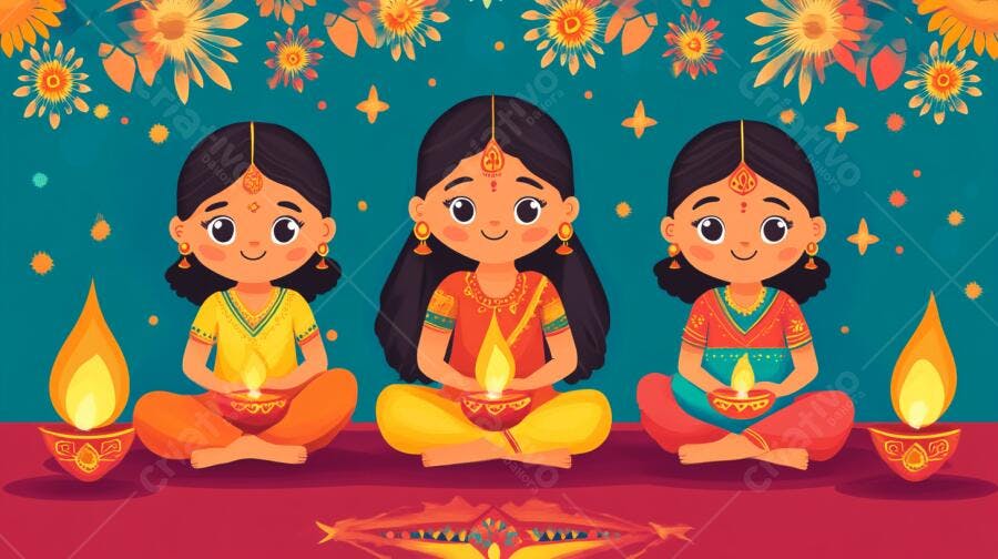 Três meninas indianas felizes segurando diyas acesas celebração Diwali