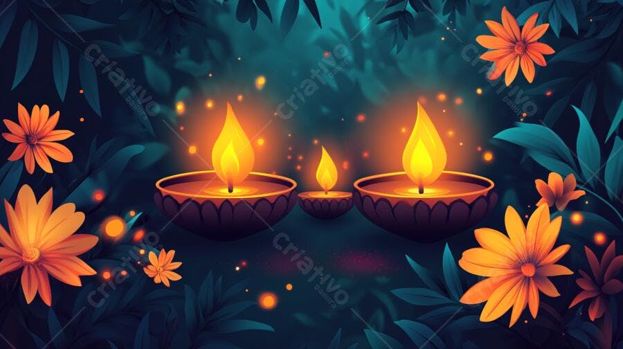 Lâmpadas Diya em jardim noturno com flores laranjas para Diwali