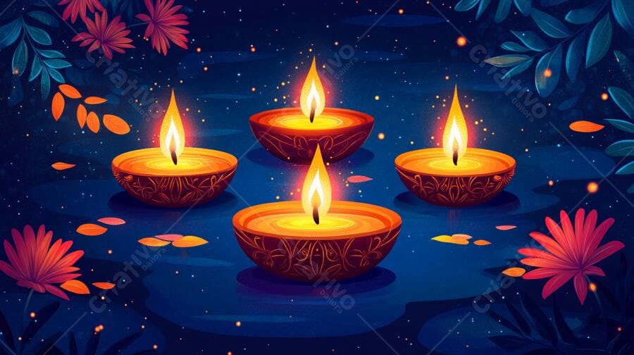 Lâmpadas a óleo diyas flutuando na água azul com flores vermelhas à noite