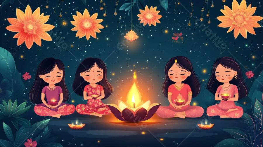 Crianças indianas celebrando Diwali com velas e flores em noite estrelada
