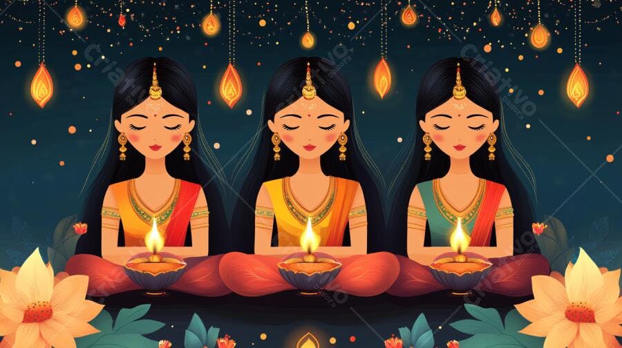 Mulheres indianas meditando com velas Diwali coloridas em fundo escuro