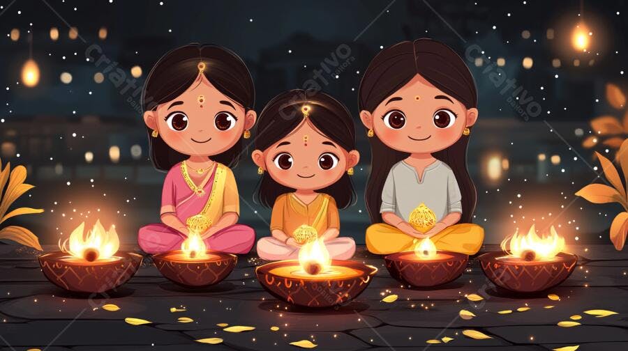 Meninas indianas sorrindo com roupas coloridas e diyas acesas em celebração noturna