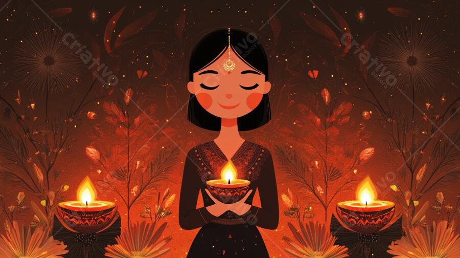 Mulher indiana celebrando Diwali segurando diya em festival de luzes fundo vermelho laranja