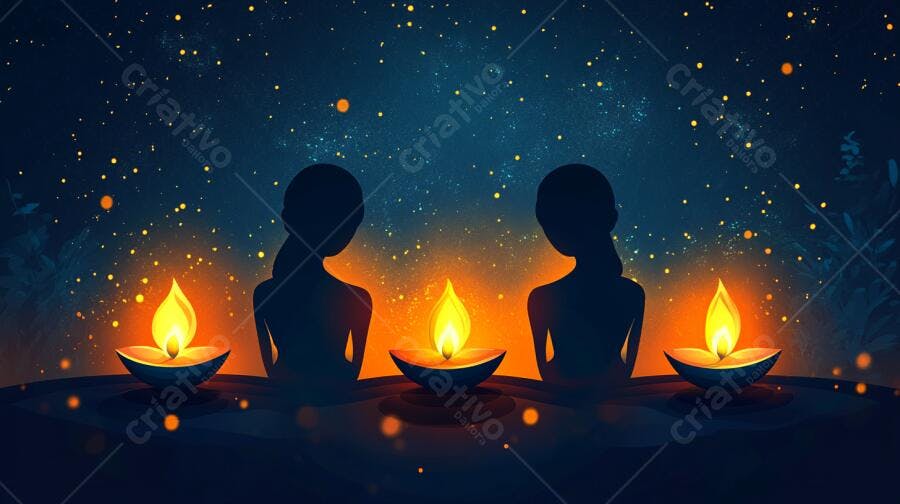 Lâmpadas a óleo acesas com silhuetas de mulheres em noite estrelada