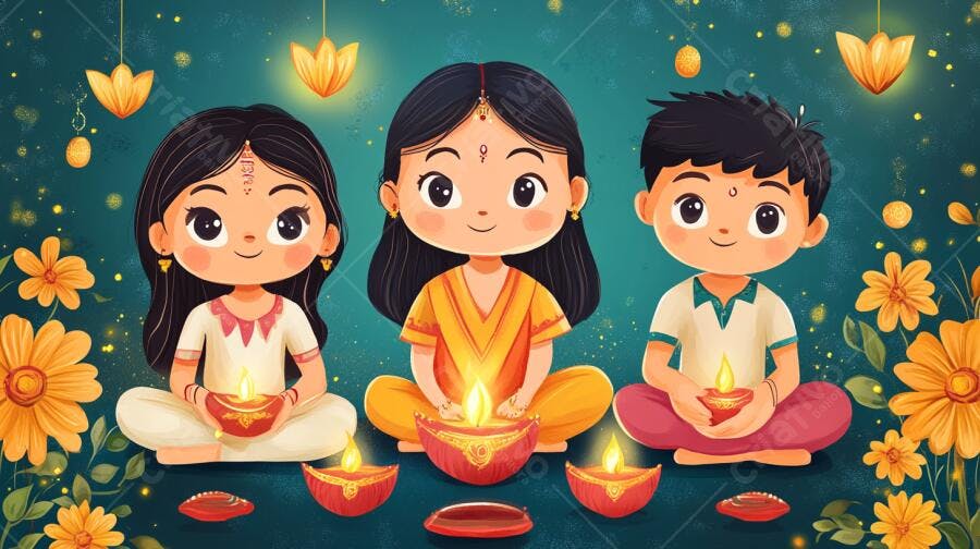 Crianças indianas celebrando Diwali com lâmpadas diya e flores em cores vibrantes