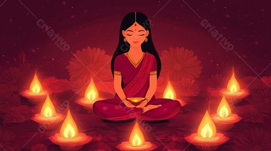 Mulher indiana meditando com diyas e flores vermelhas em celebração Diwali