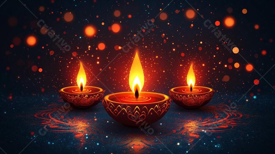 Lâmpadas de óleo acesas Diwali com bokeh e reflexos vibrantes