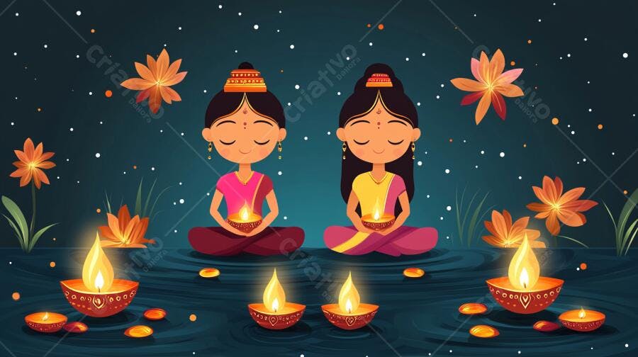 Duas mulheres indianas meditando com diyas em trajes rosa e amarelo em lago noturno