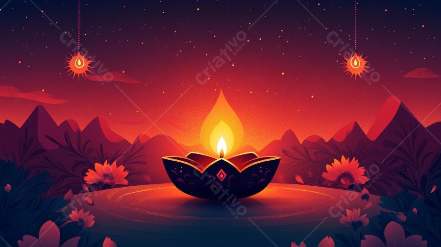 Diya Diwali flutuando em água noturna com montanhas e estrelas