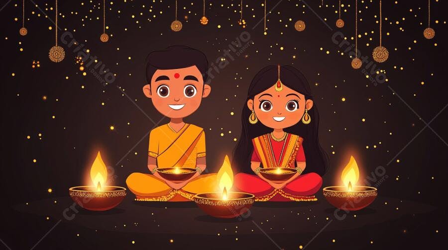 Casal infantil indiano celebrando Diwali com diyas acesas e sorrisos