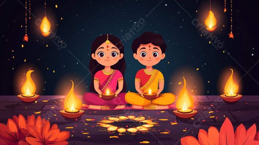 Menina e menino indianos celebrando Diwali com diyas e lanternas à noite