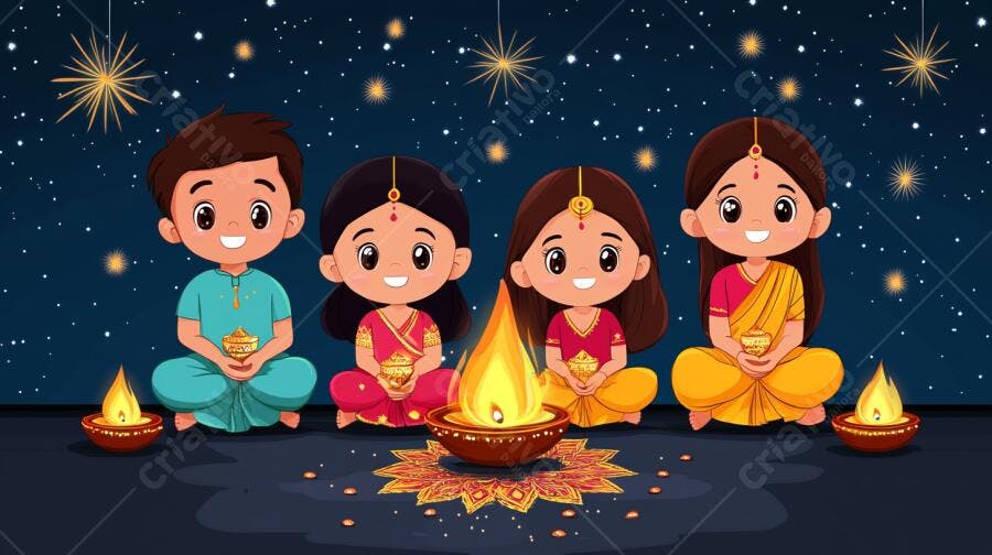 Crianças indianas felizes celebram Diwali com diyas acesas sob céu estrelado
