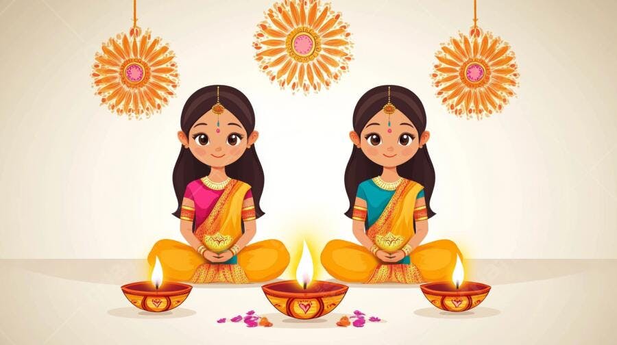 Meninas indianas em trajes coloridos celebrando Diwali com lâmpadas acesas