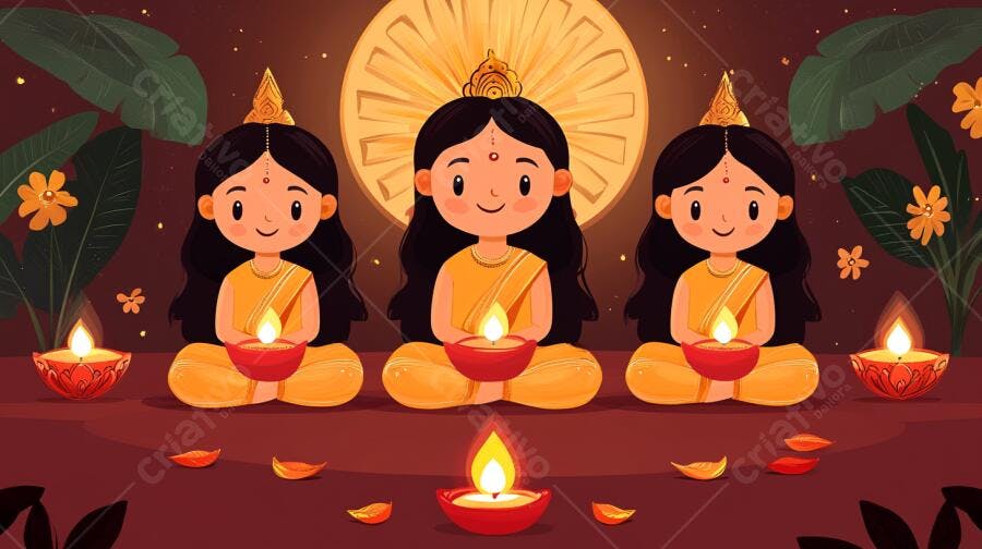 Três meninas indianas de amarelo segurando diyas em celebração espiritual