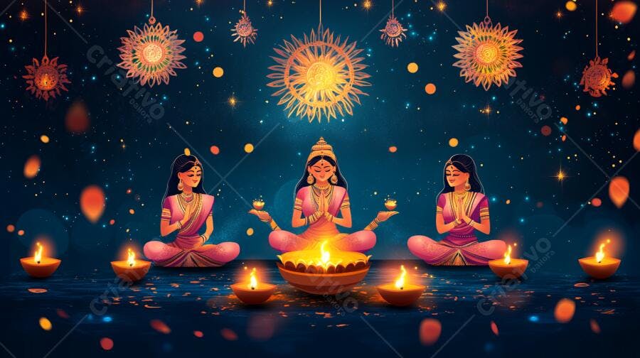 Mulheres indianas meditando com lâmpadas diya celebração Diwali