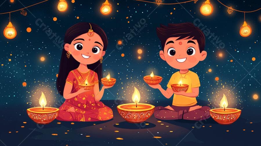 Menino e menina indianos felizes segurando diyas em celebração festiva