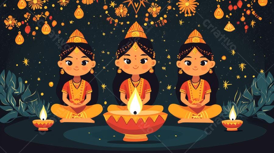 Meninas indianas celebrando Diwali com lâmpadas e flores douradas à noite