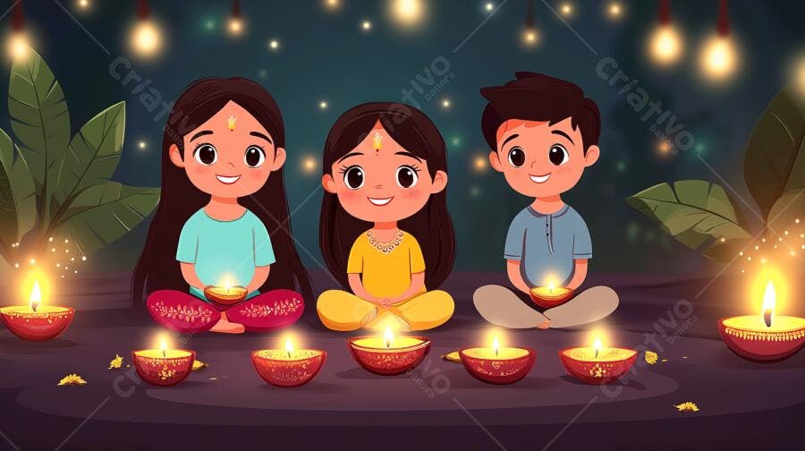 Crianças indianas felizes celebrando Diwali com diyas acesas à noite