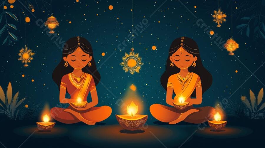 Duas mulheres indianas em sari meditando com diyas acesas em azul escuro