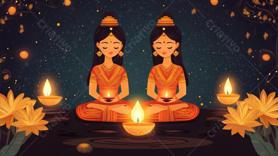 Duas mulheres indianas meditando em ritual Diwali com diyas e flores laranja