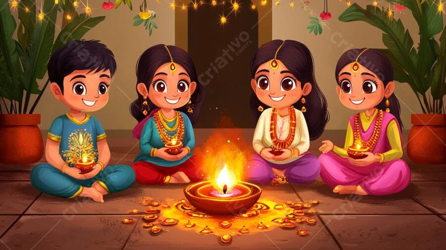 Crianças indianas felizes celebrando Diwali com diyas acesas e roupas coloridas