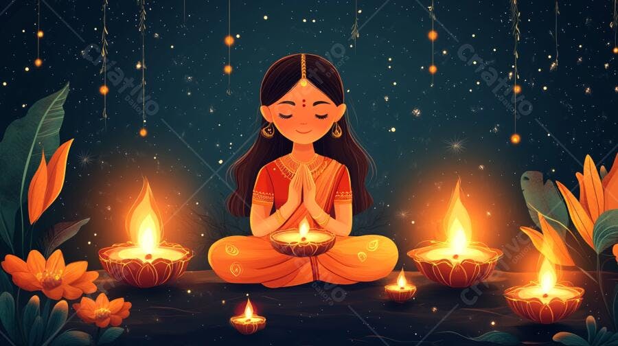 Menina indiana meditando com diyas acesas em noite estrelada de Diwali