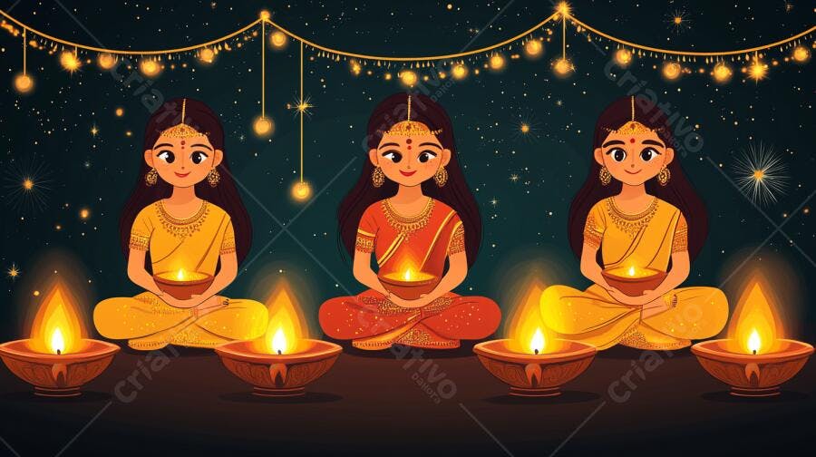 Meninas indianas felizes com diyas celebrando Diwali sob luzes estreladas