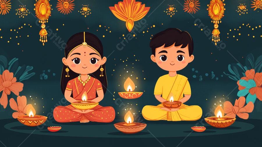 Menina e menino indianos com diyas celebrando Diwali ilustração festiva