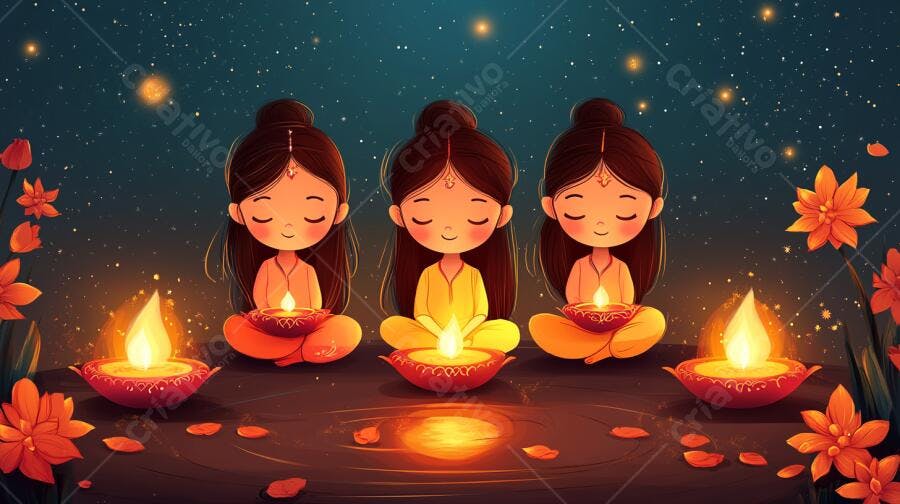 Meninas indianas meditando segurando lamparinas diya sob o céu estrelado