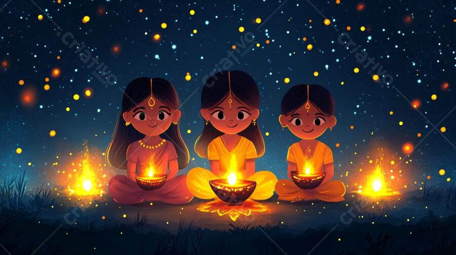 Meninas indianas felizes celebrando Diwali com diyas acesas à noite