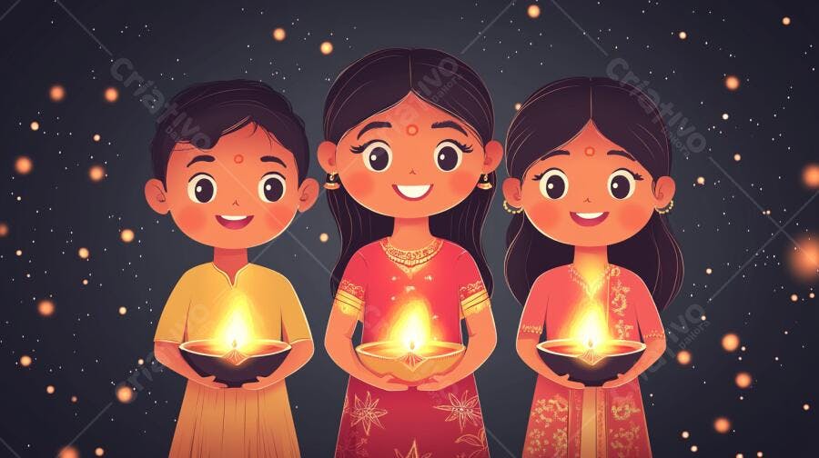 Crianças indianas sorrindo segurando lâmpadas Diwali festivas ilustração digital