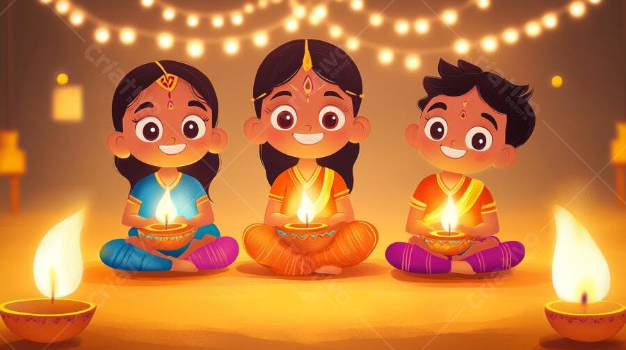 Crianças indianas felizes segurando diyas acesas Diwali