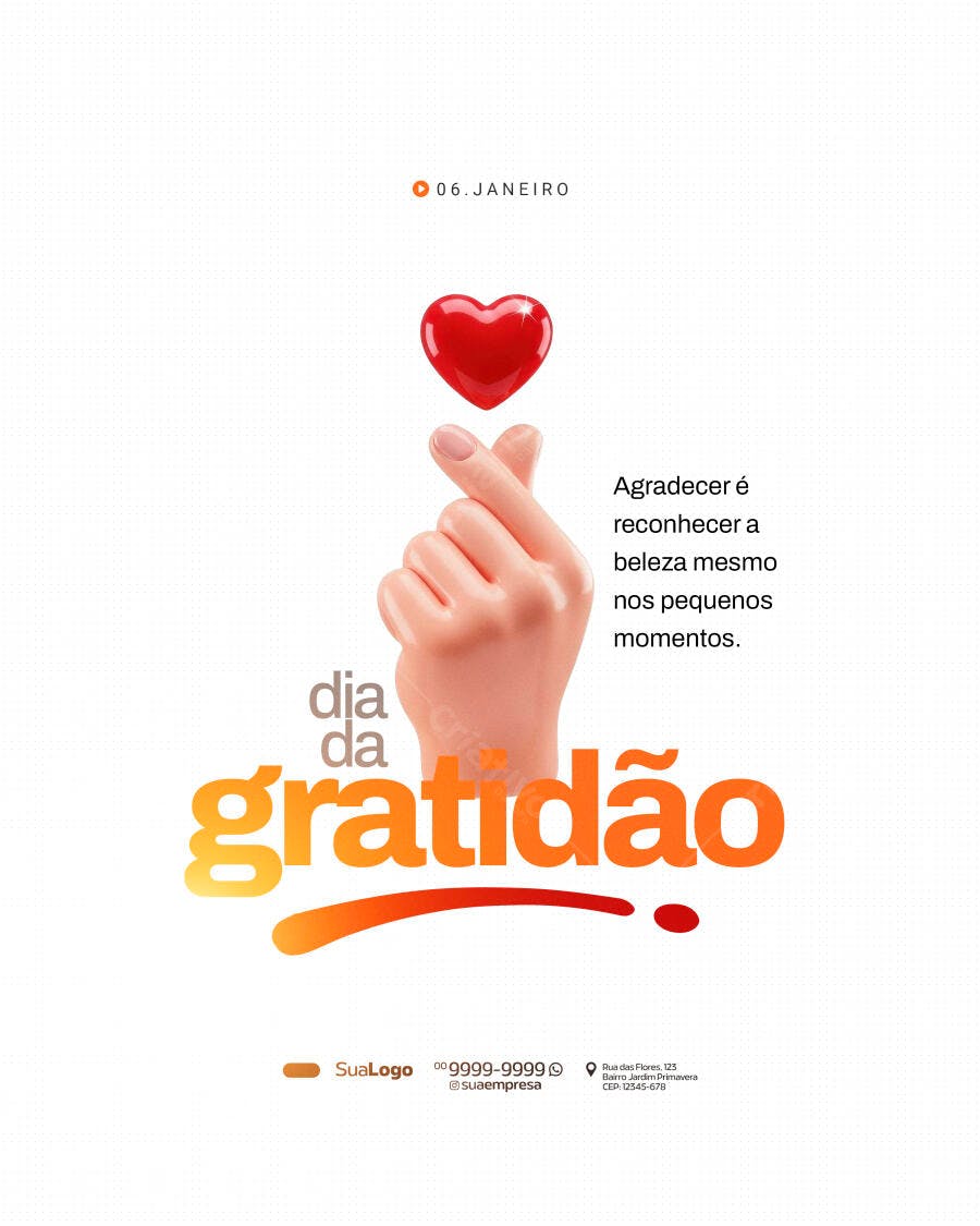 Flyer Dia da Gratidão com Mão e Coração Vermelho PSD Editável