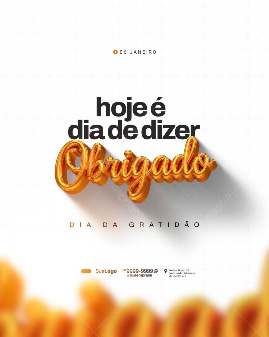 Post Redes Sociais Dia da Gratidão PSD Editável 06 Janeiro "Obrigado" dourado