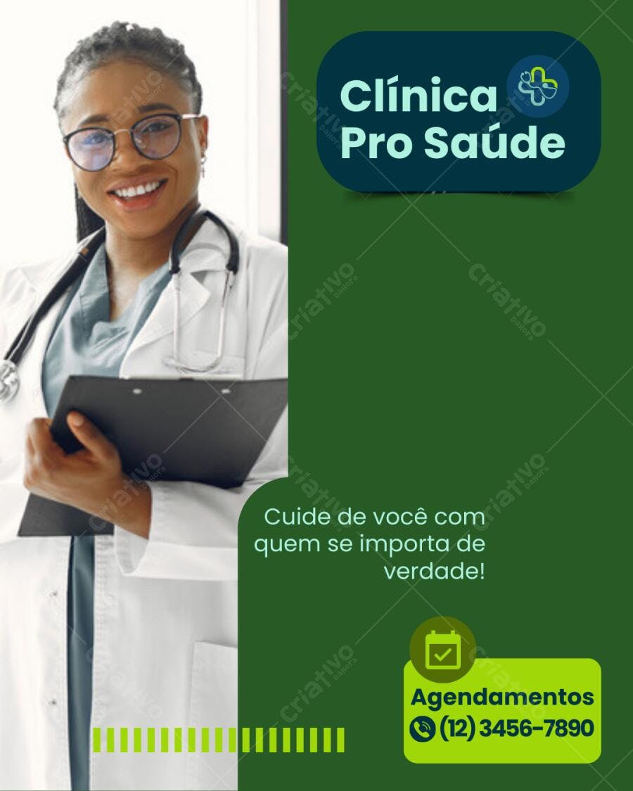 Flyer para Clínica Médica Mulher Negra Doutora Verde Agendamentos Editável no Canva