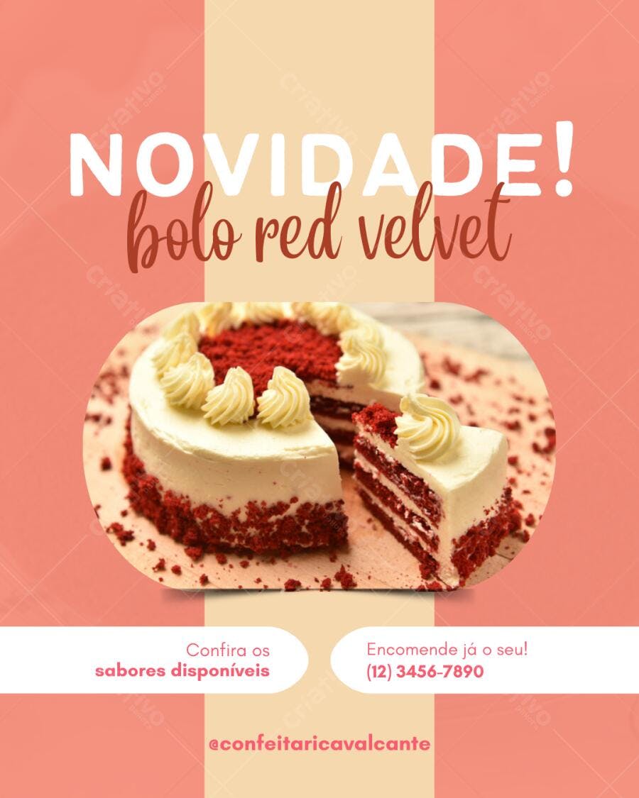 Post Instagram Bolo Red Velvet Vermelho para Confeitaria Editável no Canva