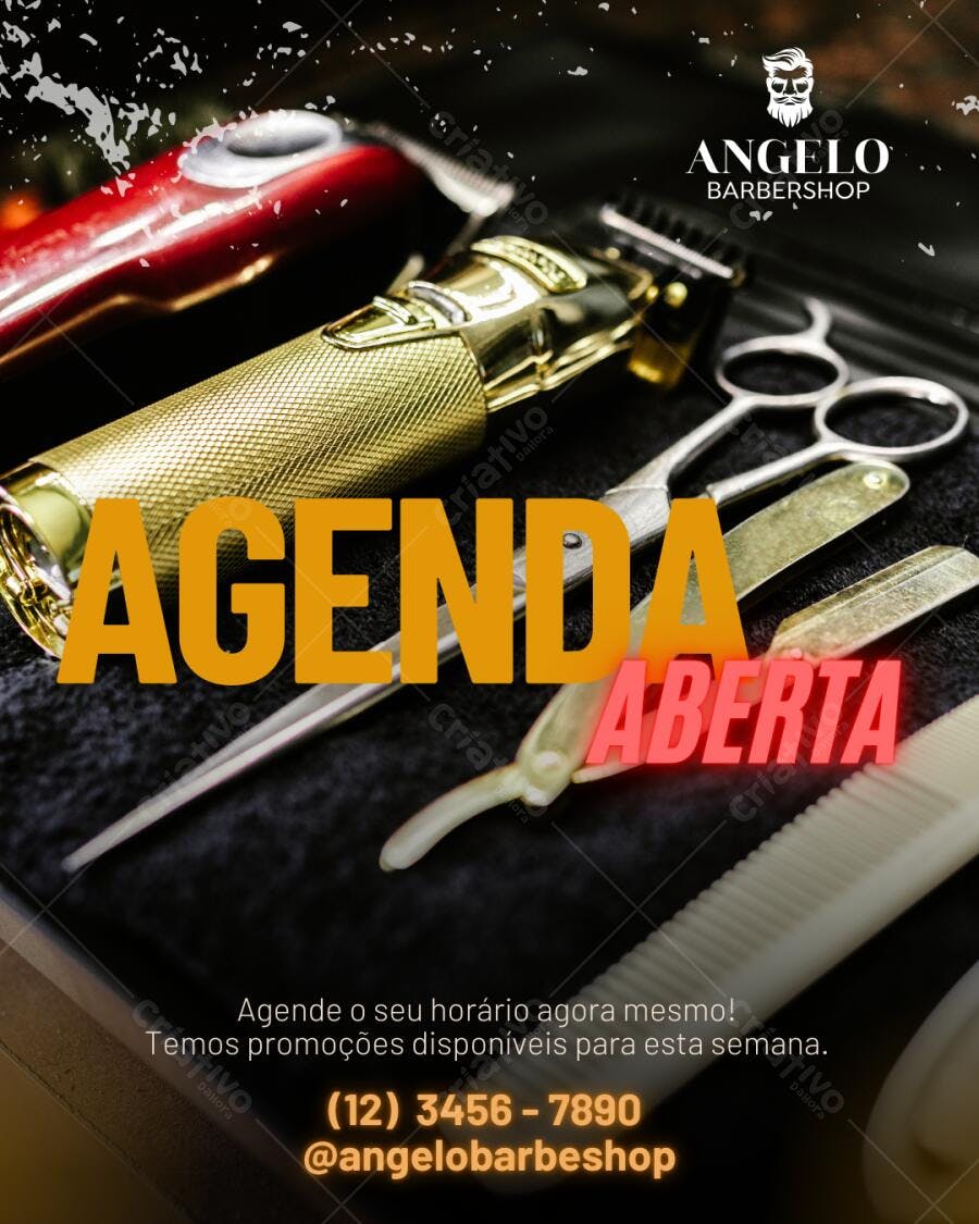 Template de Post Barbeiro Agenda Aberta Dourado e Preto Editável no Canva