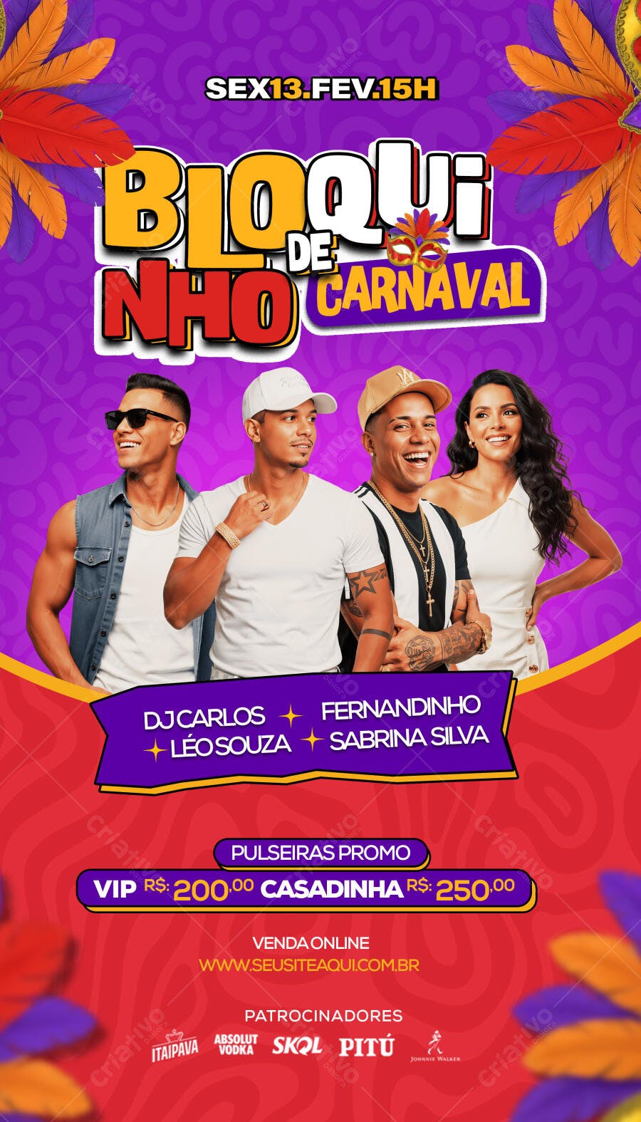 Flyer para Bloquinho de Carnaval com DJS e Artistas PSD Editável