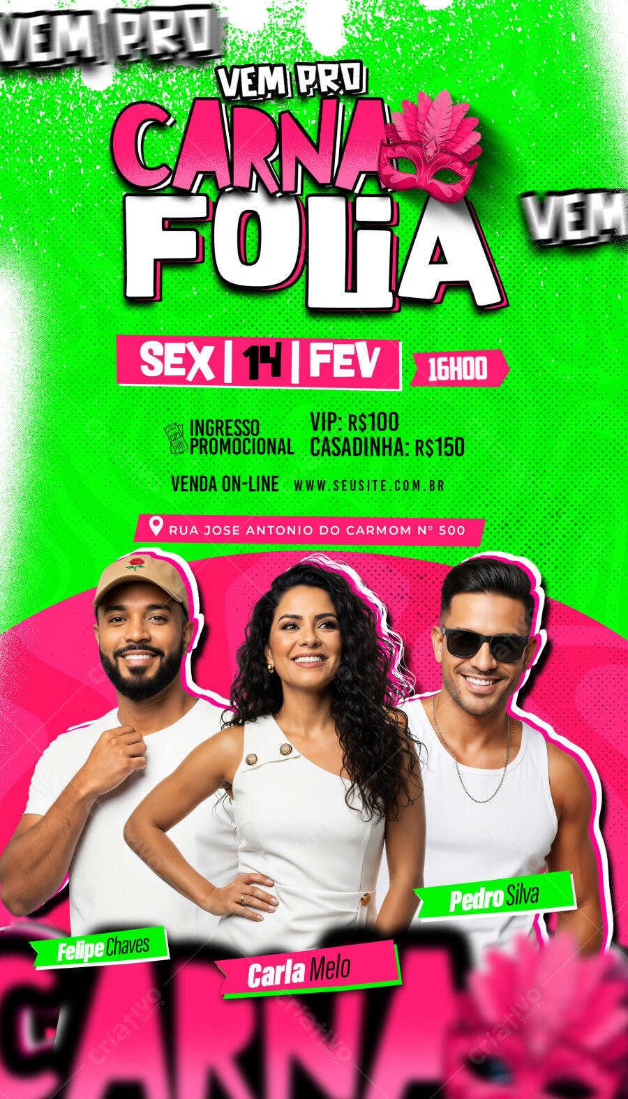 Flyer de Festa Carna Folia Neon Verde Rosa PSD Editável