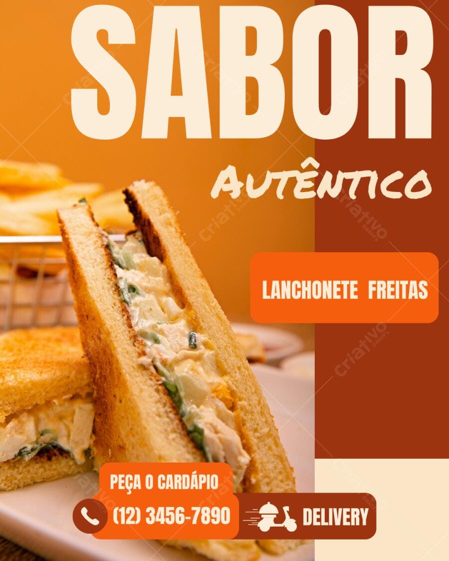 Flyer de lanchonete promo sanduíche e delivery Editável no Canva