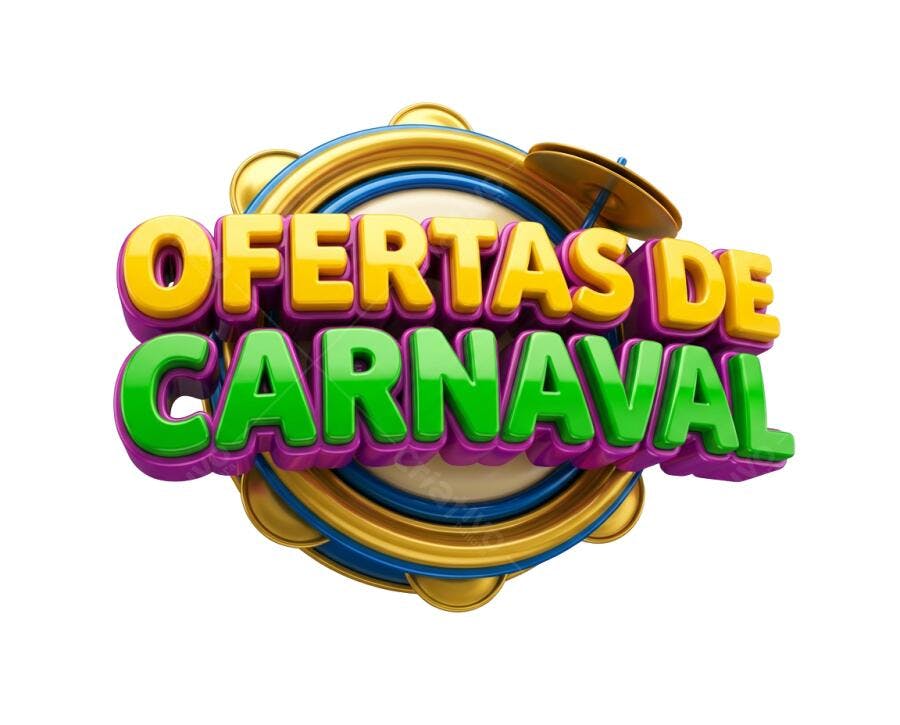Selo 3D de Ofertas Carnaval festivo tamborim dourado azul cores vibrantes