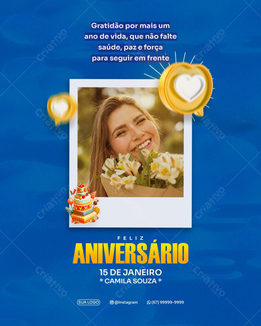 Flyer para Aniversário Mulher Sorrindo Flores Bolo Mensagem Gratidão PSD Editável