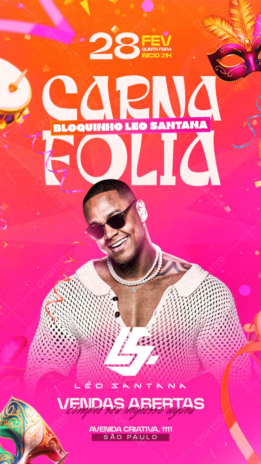 Flyer de Carnaval Folia com Léo Santana PSD Editável