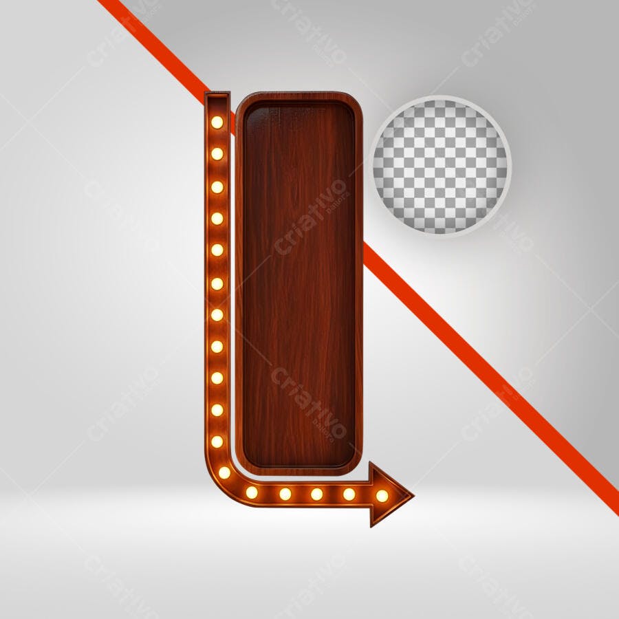 Placa de sinalização com seta luminosa e moldura de madeira PNG com fundo transparente