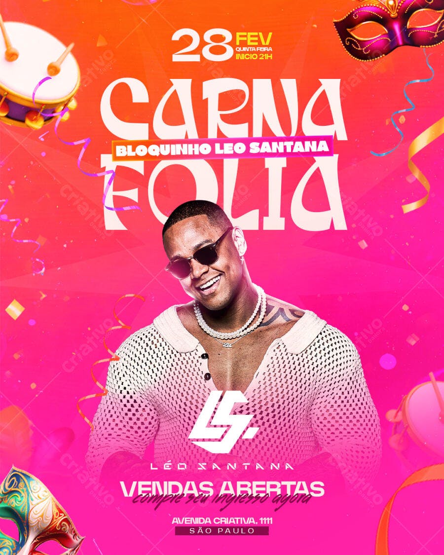 Flyer Carna Folia Bloco Leo Santana PSD Editável