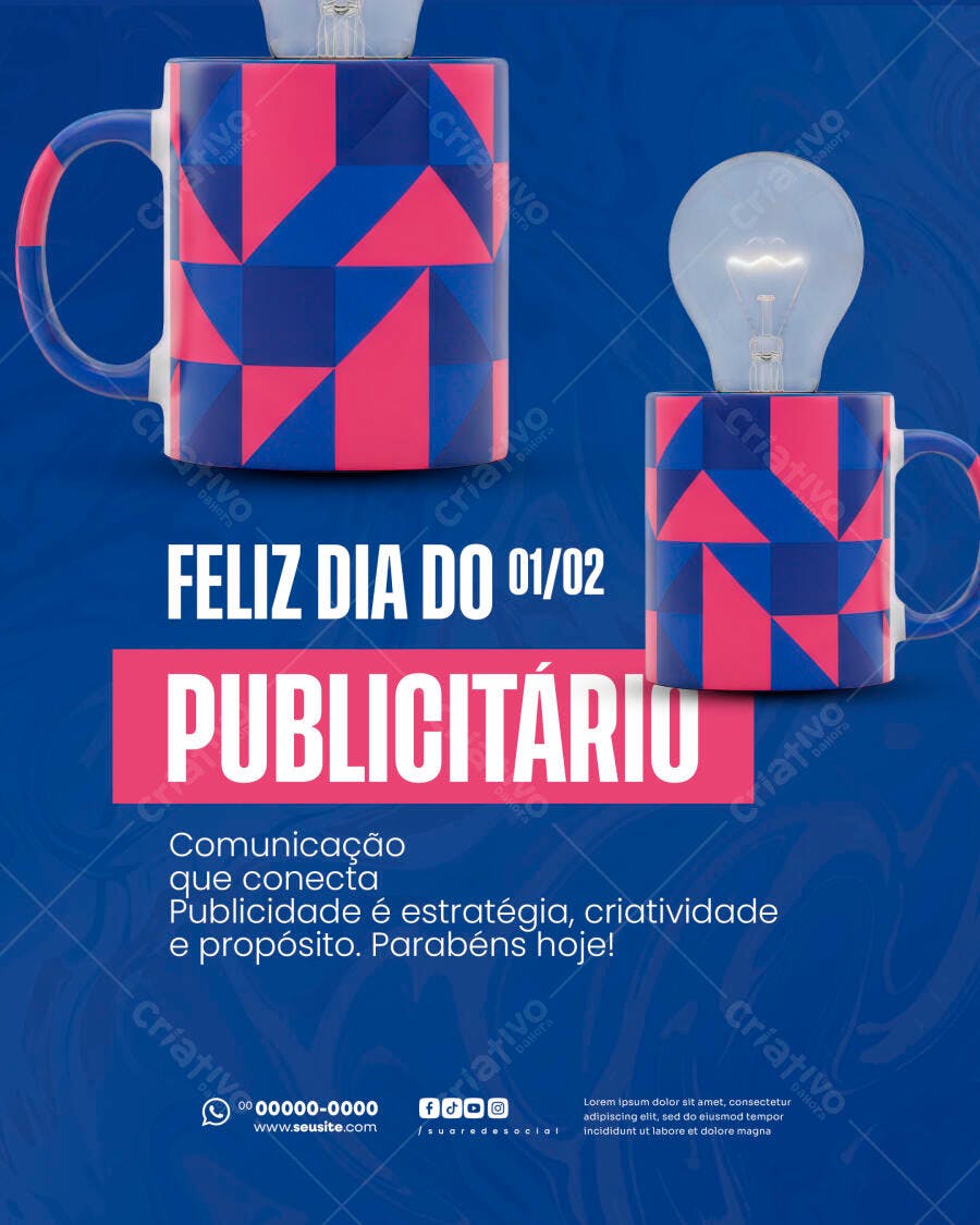 Flyer Dia do Publicitário 01/02 Canecas Lâmpadas Criativas PSD Editável