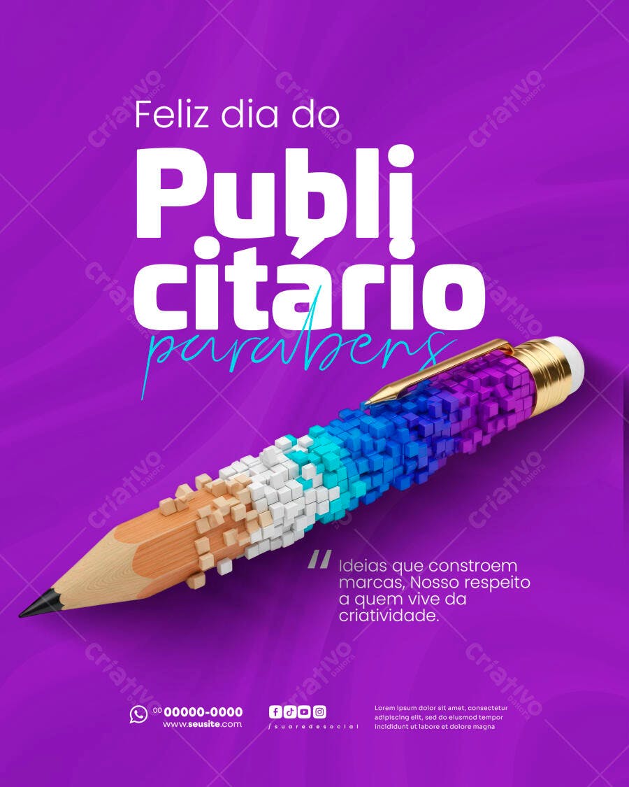 Flyer Dia do Publicitário Lápis Pixelizado Roxo PSD Editável