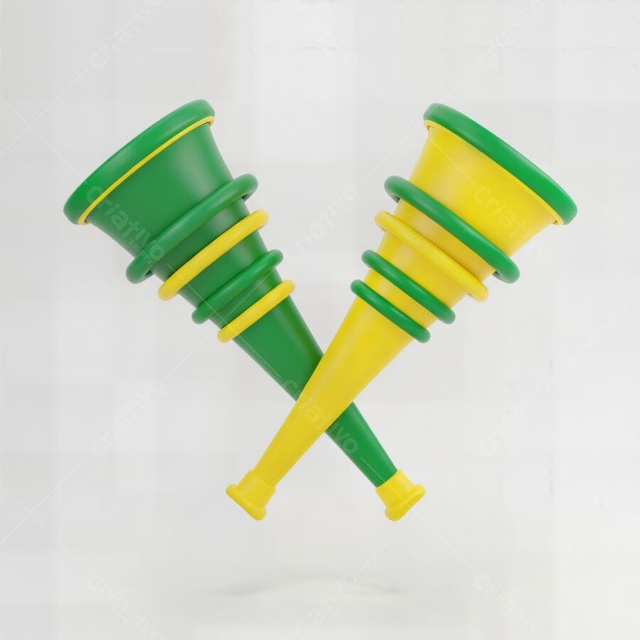 Duas vuvuzelas verde e amarelo cruzadas para torcida de futebol